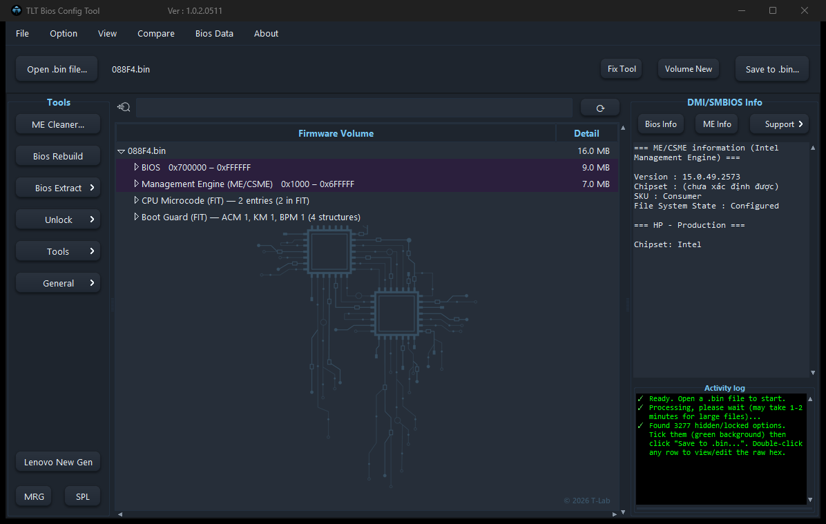 TLT Bios Config Tool main window